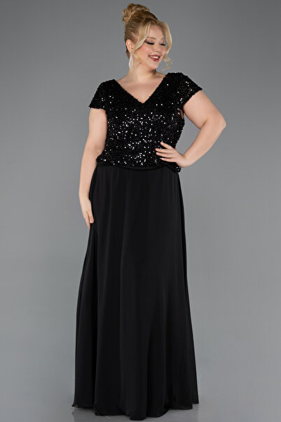 Abiyefon Siyah Pullu Kısa Kol V Yaka Uzun Şifon Büyük Beden Abiye ABU5651