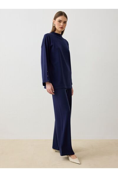Refka Button Detailed Tunic & Trousers Knitwear Set - Navy Blue -