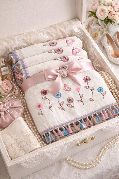 DİLEX Beyaz Çeyizlik Nakışlı 60x90 cm 3lü Havlu Set Bisiklet
