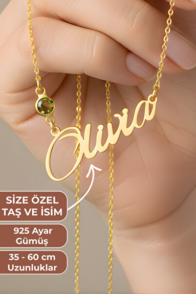 ZOLESSA Kadın Kişiye Özel İsim ve Doğum Taşlı Kolye Gold Rengi 925 Ayar Gümüş...