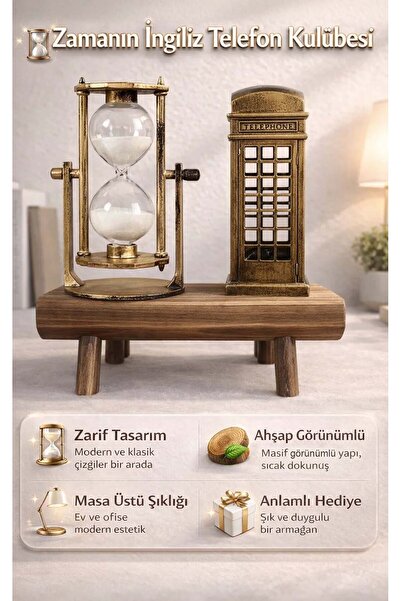 FaroxTech Ahşap Kaideli Dekoratif Kum Saati ve Nostaljik İngiliz Telefon Kulü...