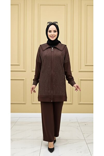 Mercan Modamarkam Stunning Stone Set Brown Stone Detailled Tesutur Double Set