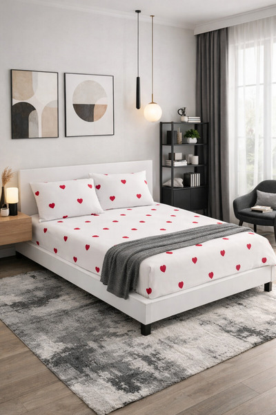 DİLEX White Red Heart Elastic Sheet Set Double Size
