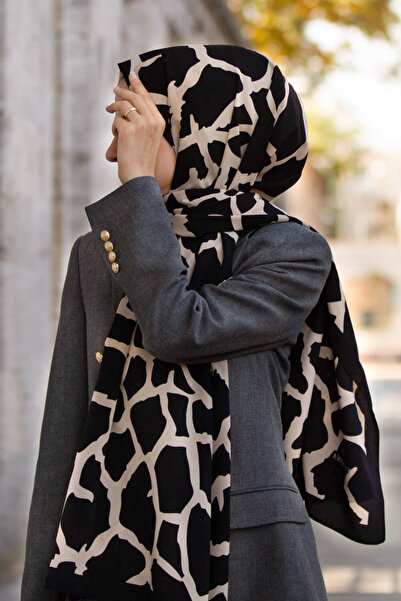 Vissona LÜKS MEDİNE İPEĞİ TAŞ DESENLİ SİYAH - BEJ RENKLİ 75X195 KIRIŞMAZ ŞAL ...