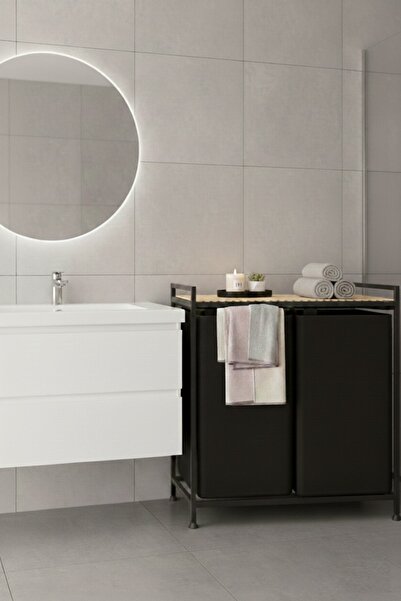 Bino Çamaşır Sepeti Kirli Sepeti Ahşap Banyo Dolabı Büyük Boy Geniş 2 Bölmeli Kumaş Kirli Sepeti