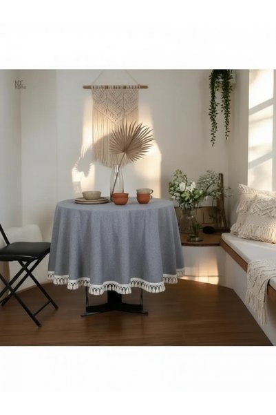 NDC HOME مفرش طاولة مستدير من الكتان باللون الرمادي الفحمي (مع بوم بوم خام)