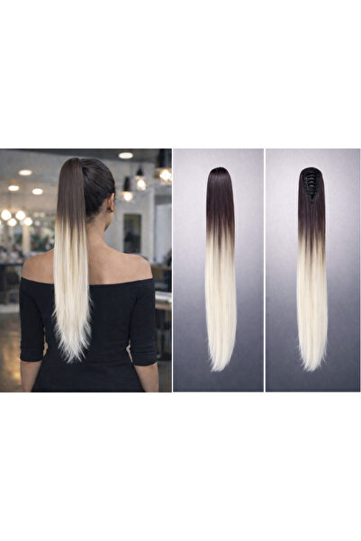 NeednStore Koyu Kahve - Platin Ombreli Düz 60 cm Tokalı At Kuyruğu Peruk Saç ...