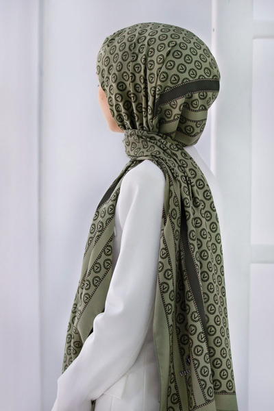 Vissona LÜKS MEDİNE İPEĞİ DEGRADELİ MONOGRAM DESENLİ HAKİ RENKLİ 75X195 KIRIŞ...