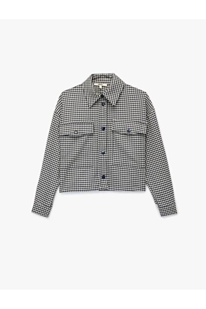 Koton Long Sleeve Oversized Shirt Jacket with Pockets and Houndstooth Pattern