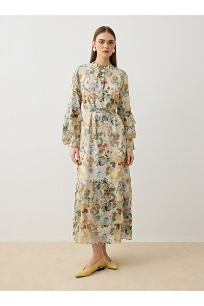 Refka Leaf Patterned Chiffon Fabric Hijab Dress - Yellow -