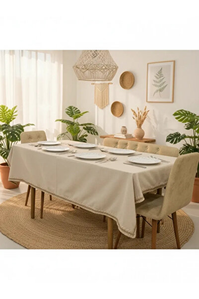 NDC HOME Bej Pamuk Keten Jüt Dantelli Masa Örtüsü