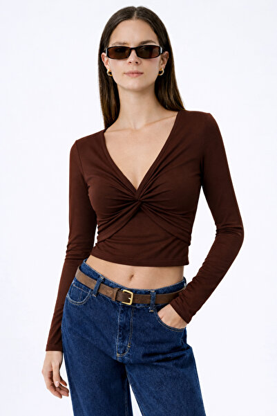 RAMİOR COLLECTION Women's Brown Double-Breasted Knot Detail Crop Blouse