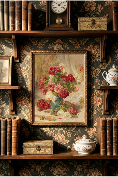 epiqart Vazoda Güller - Vintage Desenli Çerçeve