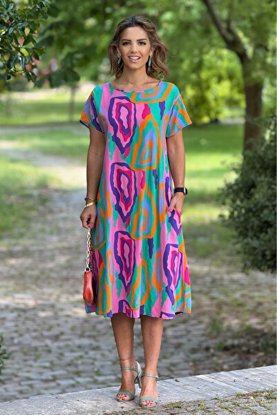 Nevin Kaya Moda Pembe Ametist Desen Pamuklu Elbise