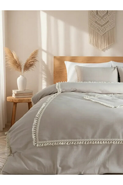 NDC HOME طقم غطاء لحاف مزدوج من القطن والكتان باللون البيج مع نمط البقلاوة وا...