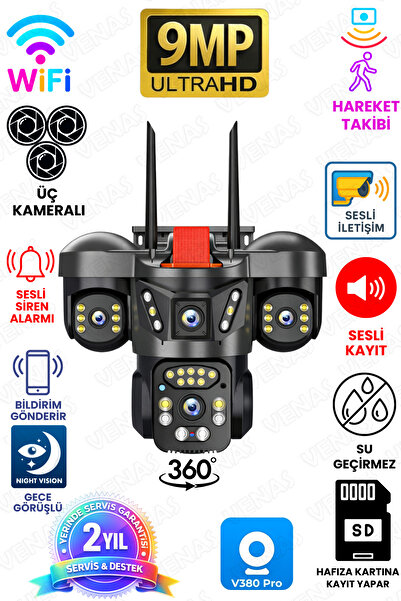 Venas 3 Kameralı Wifili Gece Görüşlü Su Geçirmez Hareket Sensörlü Güvenlik Ka...