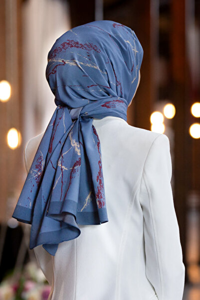 Vissona LÜKS MEDİNE İPEĞİ MERMER DESENLİ İNDİGO RENKLİ 75X195 KIRIŞMAZ ŞAL MO...