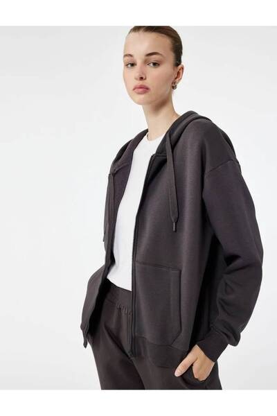 Koton Şardonlu Uzun Kollu Kapüşonlu Kanguru Cepli Oversize Fermuarlı Sweatshirt