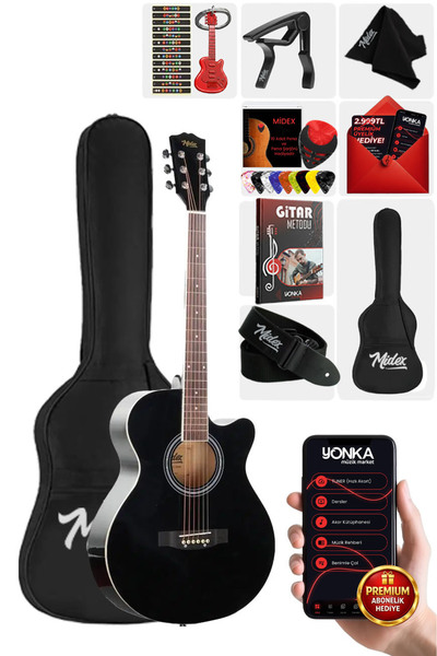 Midex Xc-200bk Kesik Kasa Siyah Akustik Gitar 4/4 Yetişkin Boy (ÇANTA CAPO AS...