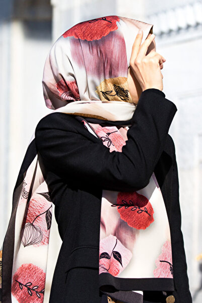 Vissona LÜKS MEDİNE İPEĞİ FIRÇA DOKULU ÇİZGİ ÇİÇEK DESENLİ KREM - KIRMIZI REN...