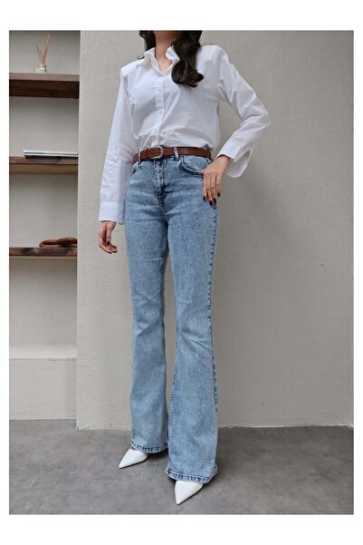 ESRAHELVACI Ice Blue İspanyol Paça Jean Pantolon