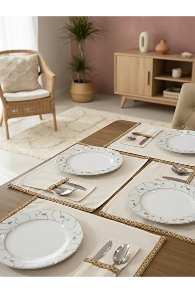 NDC HOME Laneni 6-dijelni zeleni tkanin prugasti set za večeru sa držačem za ...