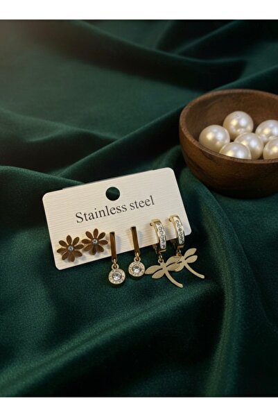 Meneva Aksesuar Gold Color Steel 6-Piece Earring Set - Combination Earrings w...