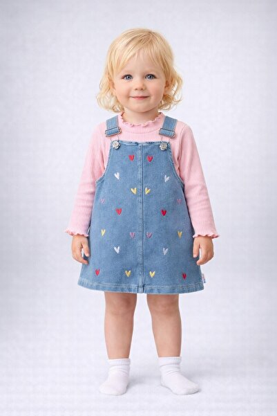 dinamik çocuk Kız Bebek Badili Küçük Kalp Nakışlı Salopet Jile 2li Takım Bayr...