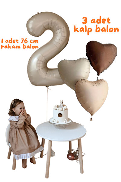Pastel 2 Yaş Krem Renk Folyo Balon 3 Adet Kahverengi Tonları Kalp Folyo Balon Set
