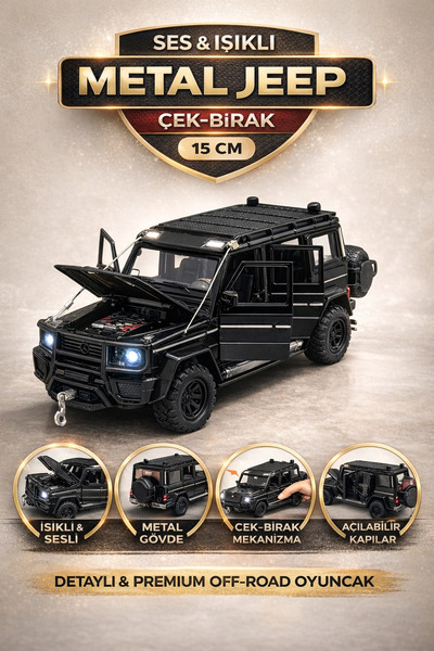 YILDIRIM OYUNCAK Çek Bırak Işıklı Ve Sesli Off Road G Kasa Jeep 15 cm Çekme H...