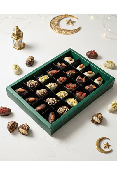 Taze Çikolata 24’lü Çikolata Kaplı Kudüs Hurması Kutusu Antep Fıstıklı, Badem...