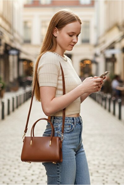 Glowfit Shine Your Shape Patent Leather Tan Leather Mini Women's Bag with Gol...