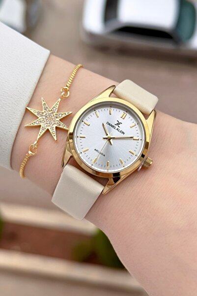 Daniel Klein Case Gold Cord Mink Color Women's Wrist Watch and Bracelet