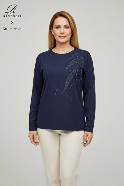 Ravencia بلوزة نسائية من القطن الممشط باللون الأزرق الداكن، مطرزة بنقشة أوراق...