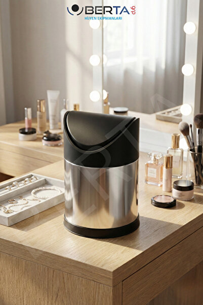 Berta Hijyen Masaüstü Sallanır Kapak Çöp Kovası Paslanmaz Metal Makyaj Masası...