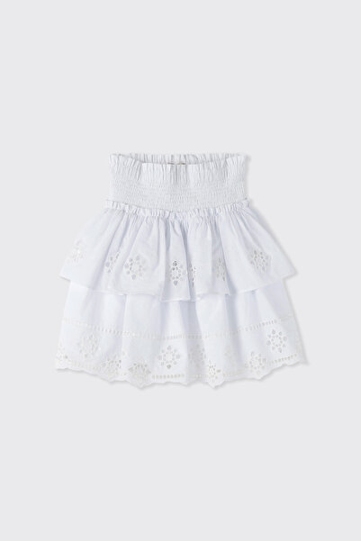 Panço Kız Çocuk Beli Büzgülü Fisto Beyaz Etek