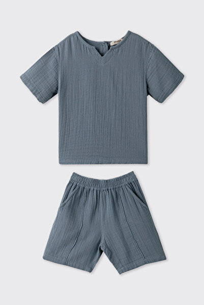 Panço Erkek Bebek Şortlu İndigo 2'li Müslin Takım