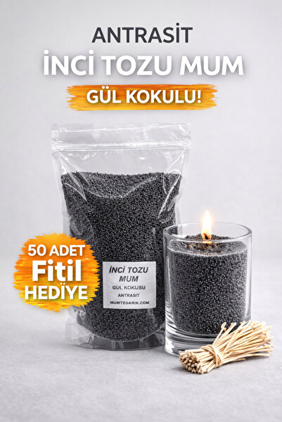 MUMTEDARİK İnci Tozu Mum Siyah – Gül Kokulu + 50 Fitil Hediyeli