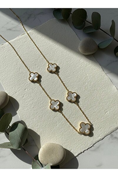 Meneva Aksesuar Stainless Steel Gold Color White Clover Necklace