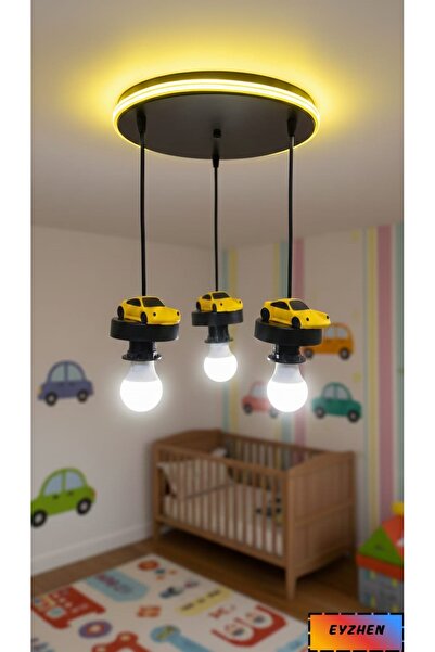 Eyzhen Bebek/Çocuk Odası El Yapımı Taş Sarı Araba Figürlü Neon Ledli 3'lü Sar...