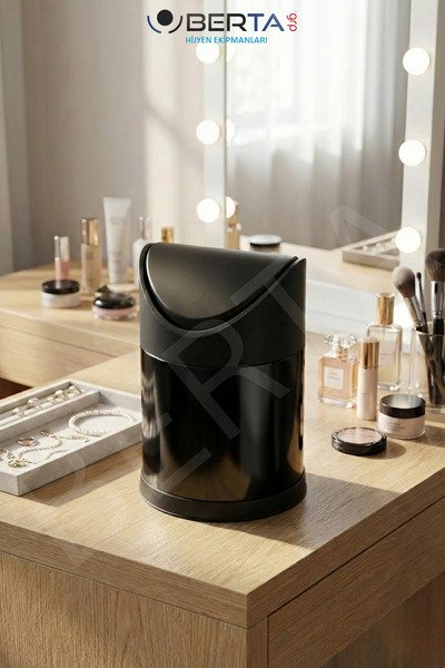 Berta Hijyen Masaüstü Sallanır Kapak Çöp Kovası Metal Siyah Makyaj Masası Çöp...