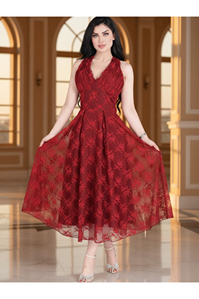 Nice Model فستان سهرة أنيق متوسط ​​الطول من الدانتيل الأحمر، بياقة على شكل حر...