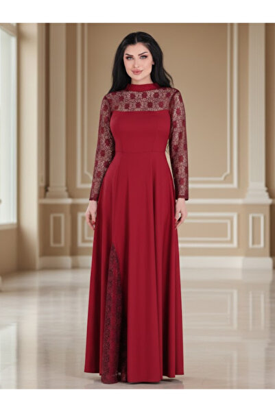 Nice Model Sophisticated Burgundy Long Sleeve Lace Gown Modest A-Line Midi Ev...