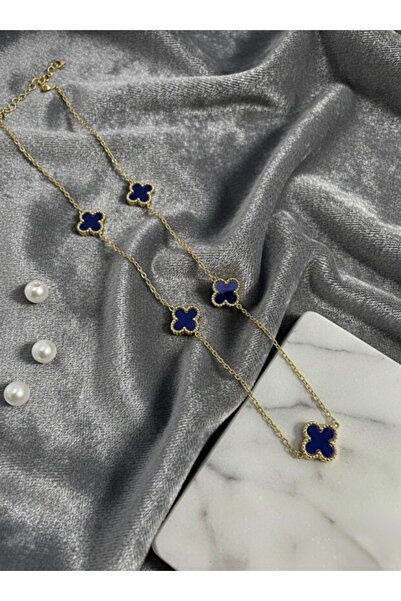 Meneva Aksesuar Stainless Steel Gold Color Navy Blue Enamel Clover Necklace