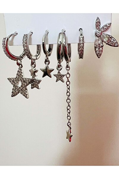 ACAR TAKI 6-Piece Star and Flower Set Earrings-Silver Color Acr8993