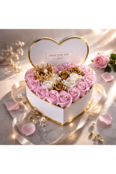 velve Aranjament Royal, 25 trandafiri sapun si accesorii decorative, cutie ti...