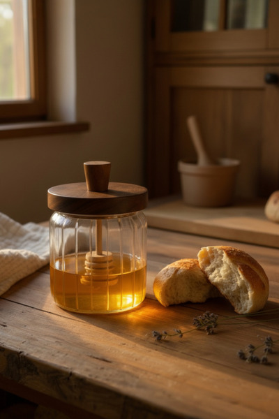 Akayev Acacia Glass Honey Jar with Spoon 430 ml