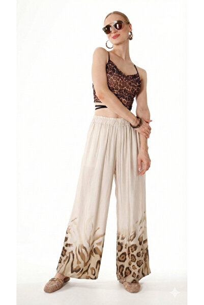 shE tekstil İtalyan Leopar Desen Saten Pantolon Gümüş