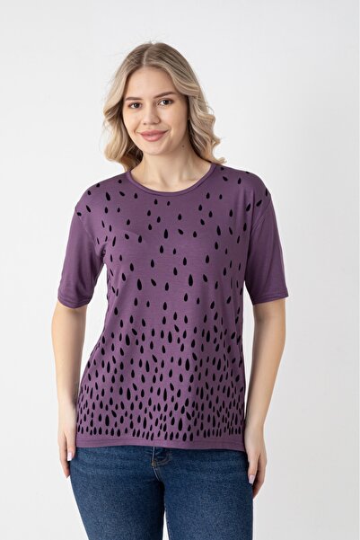 Orly More Viskon Kumaş Mini Yırtmaçlı Kısa Kollu Baskılı Anne Penye Bluz