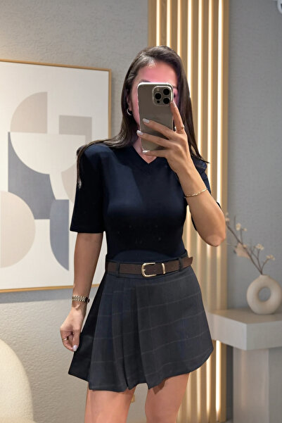 SHILSEE BEUTİQUE Women's Plaid Belted Pleated Short Skirt Navy Blue